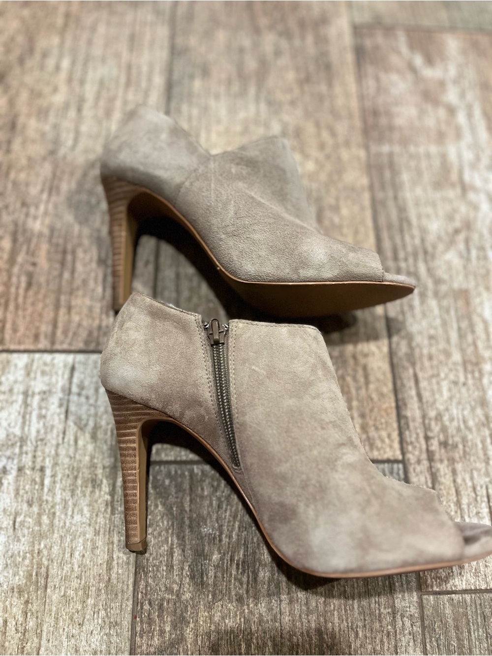Audrey Brooke Taupe Suede Peep-Toe Stacked Heel Booties